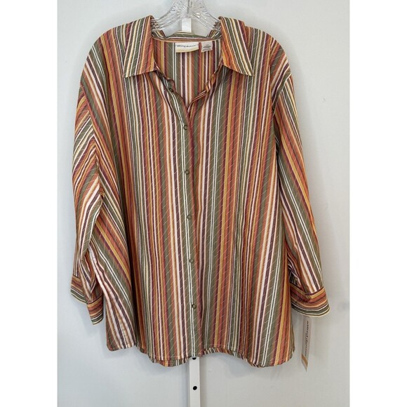 Alfred Dunner Women’s 24W Striped Button Front Shirt Top 3/4 Sleeve Cotton Blend - Picture 1 of 10